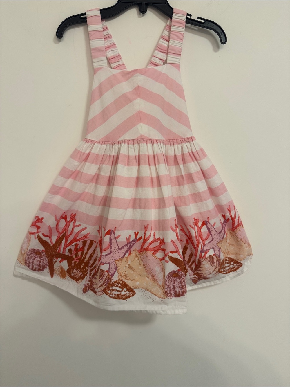 Girls Pink & White Stripe Sundress with Coral Shell Border